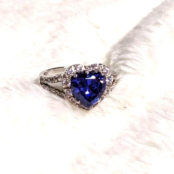 NWOT Heart Shaped Simulated Sapphire & Cubic Zirconia, Sterling Silver Ring - Picture 6 of 14